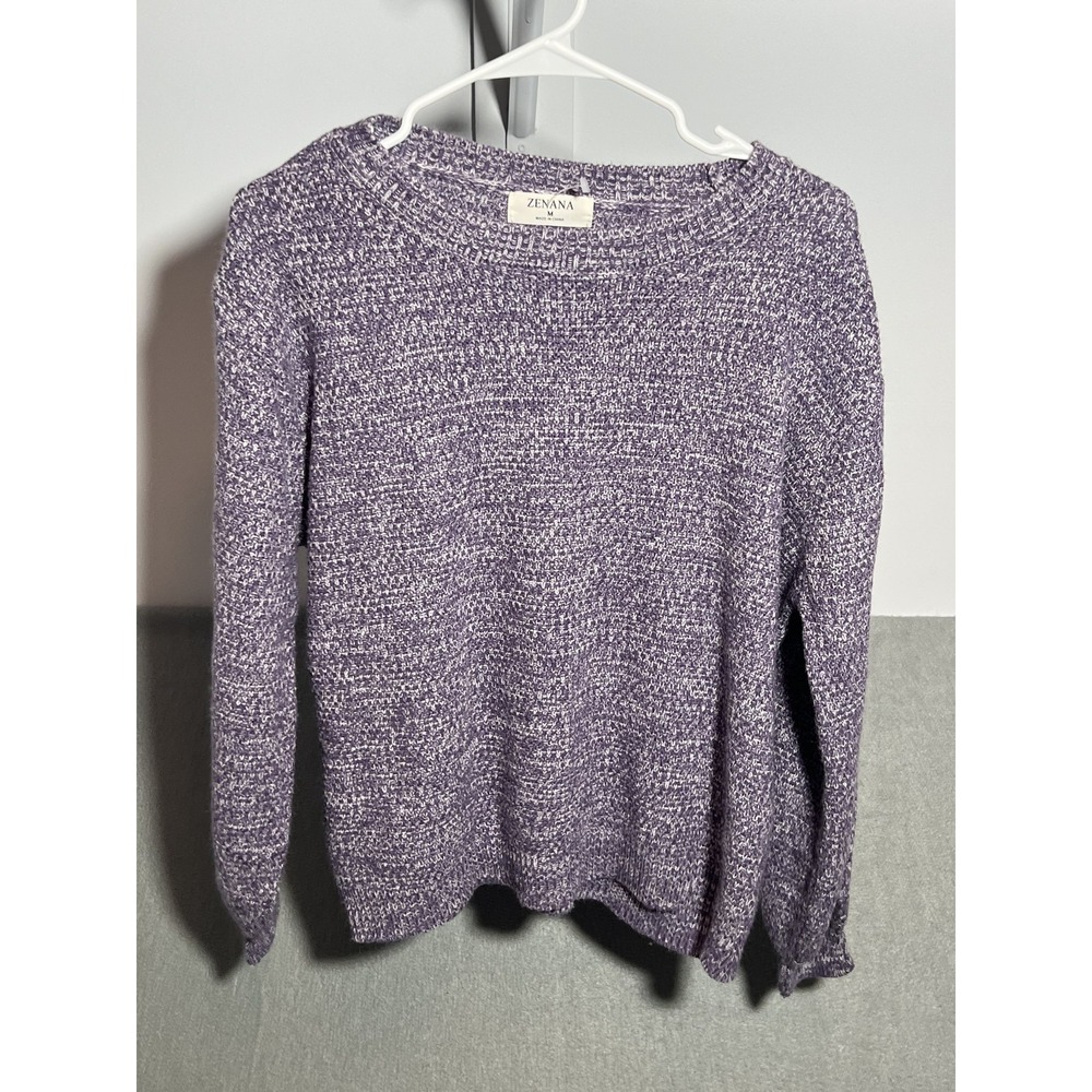 ZENANA Women's Medium Purple White Speckled Knit Crew Neck Sweater Pullover